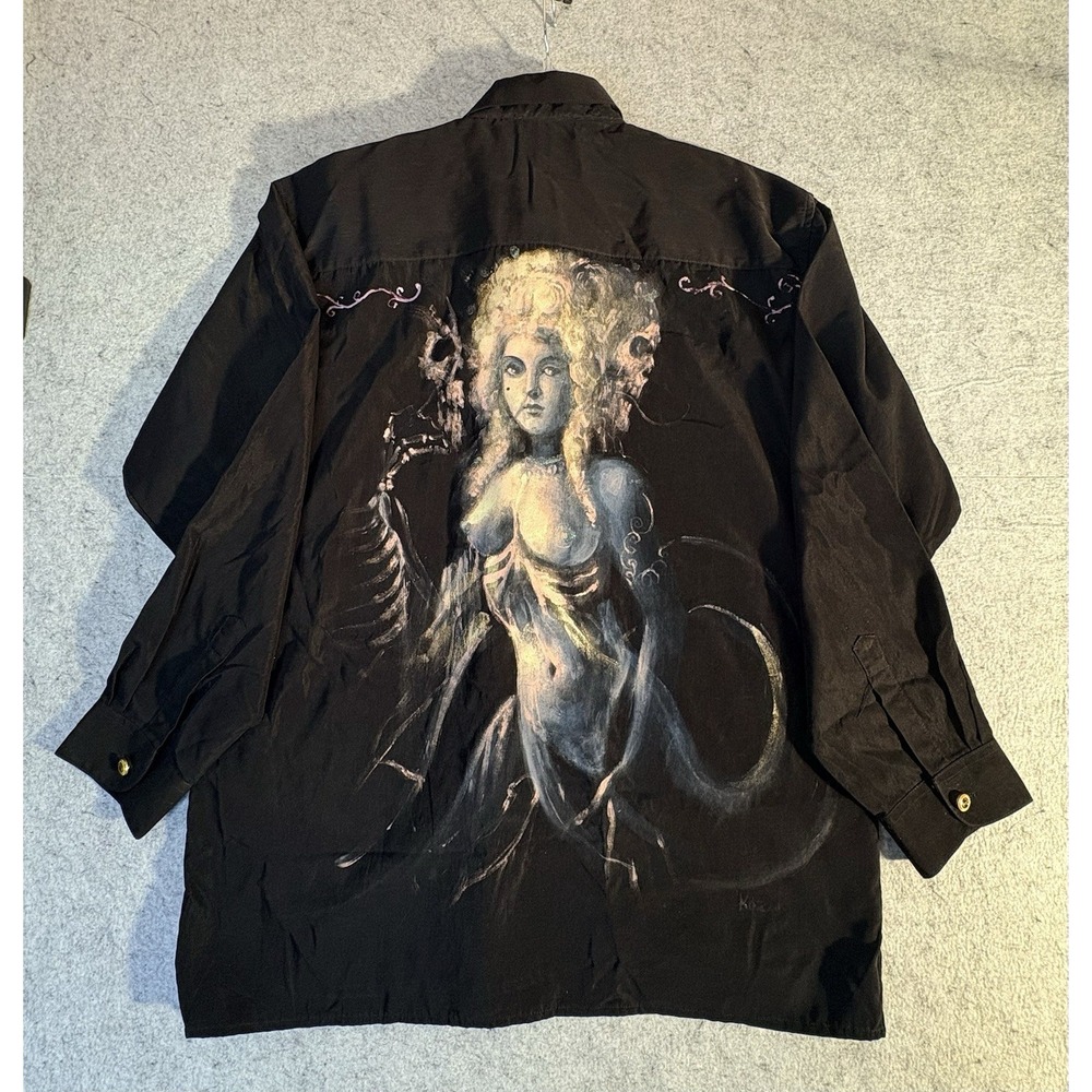Grandeur Skull Gothic Shirt Mens XL Black Y2K Tattoo Art Button Mermaid Pinup